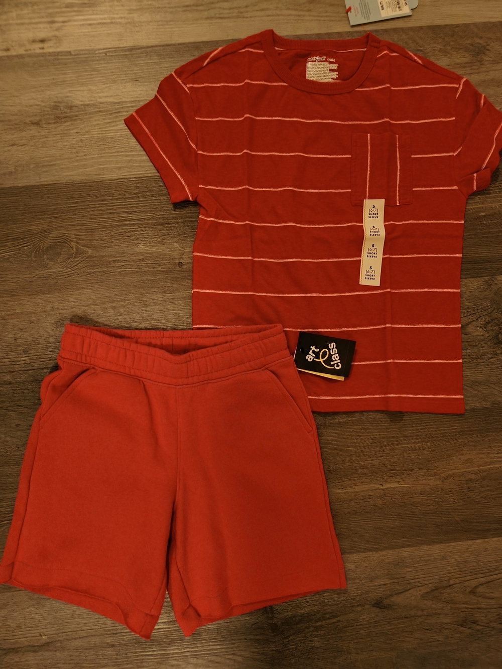 Kids Red Stripe Tee and Red Shorts Set Casual Bottoms